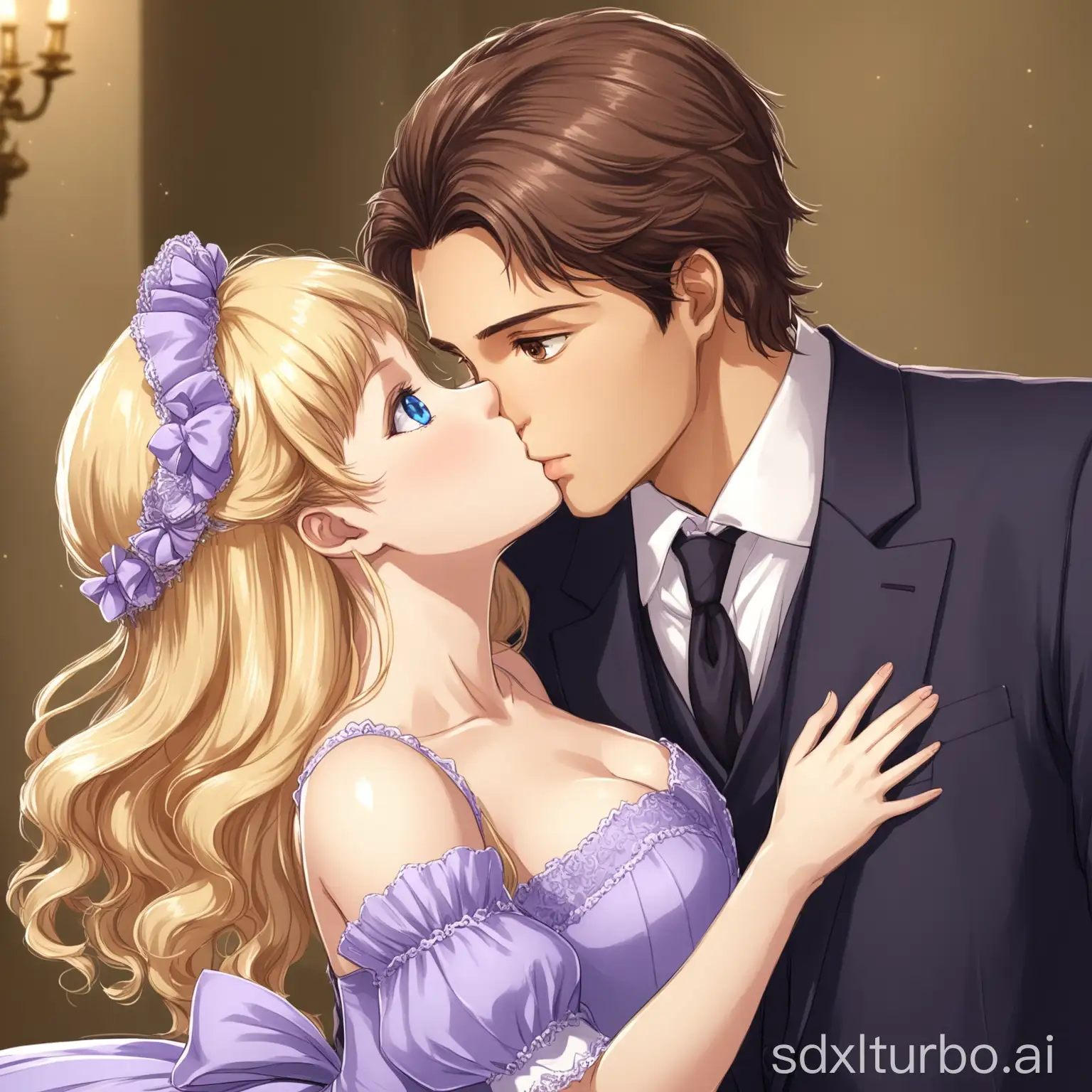 A boy with brown hair and brown eyes kissing a pretty blonde girl with blue eyes. She in a lavender colored Sissi dress and he in a suit