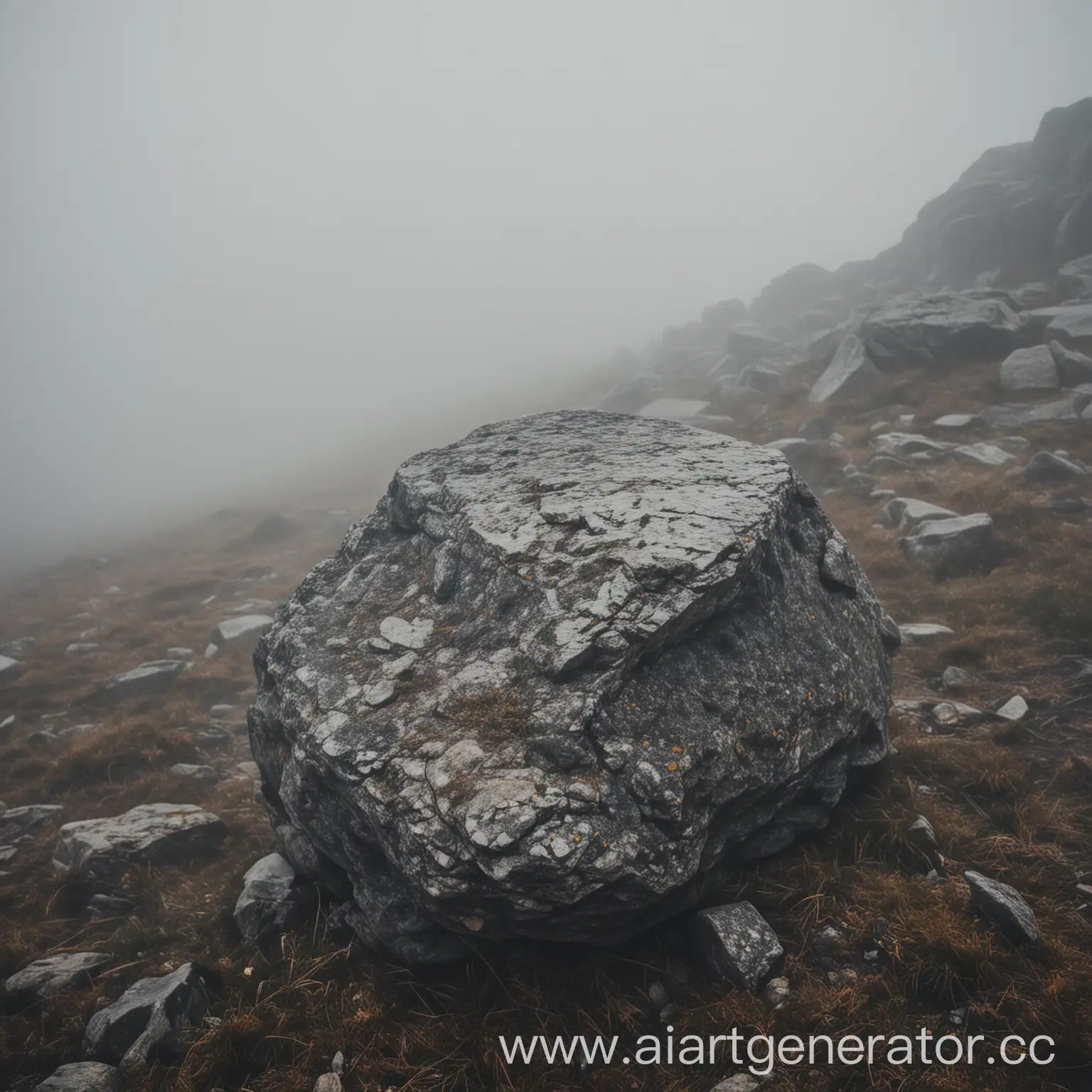 A lonely stone weary and beaten, on a mountain, in the fog, not bright tone