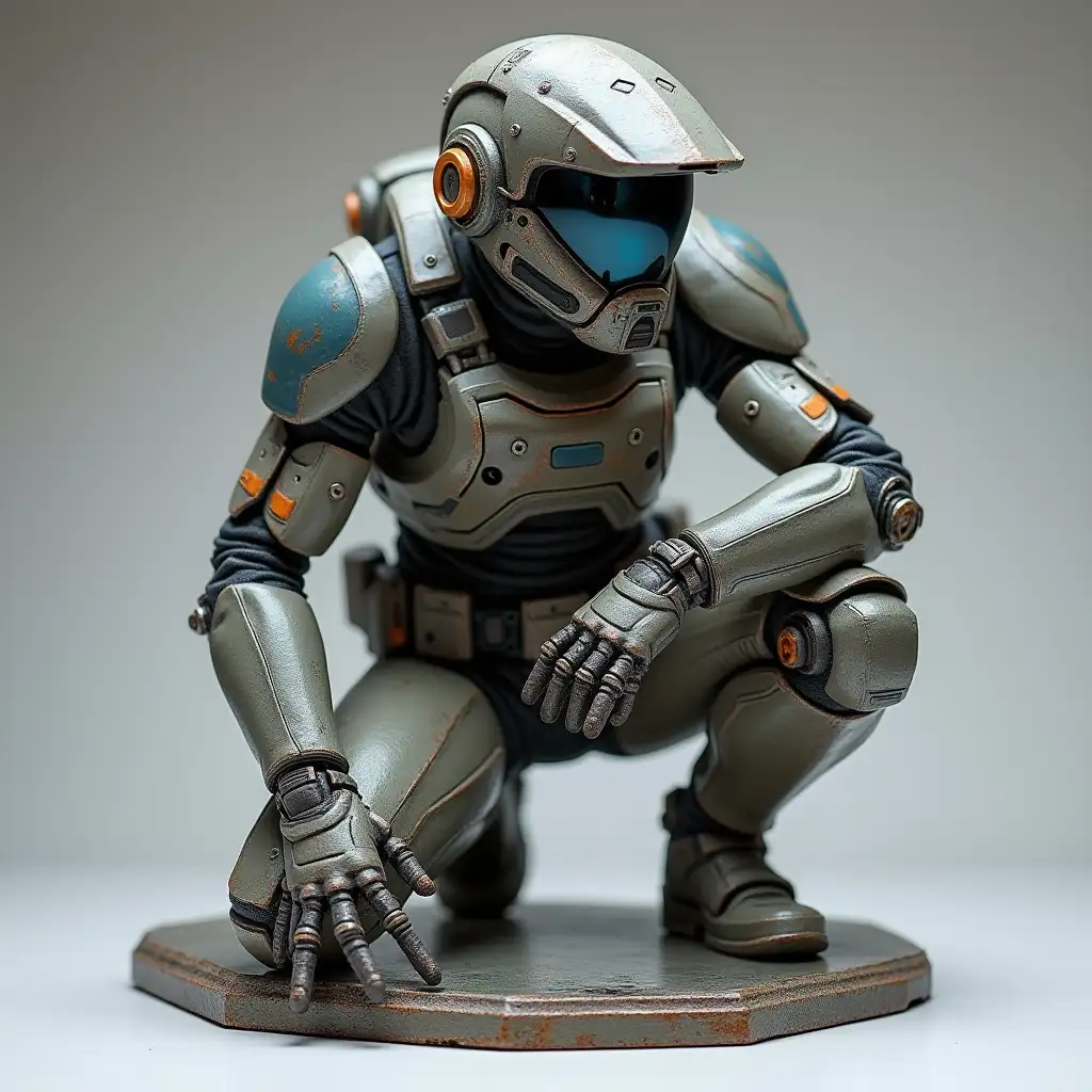 statue of a sci-fi soldier/mechanic kneeling on one knee