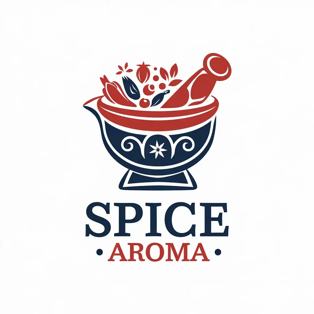 LOGO Design For Spice Aroma Magic Spice Mortar in Red and Blue on Clear Background