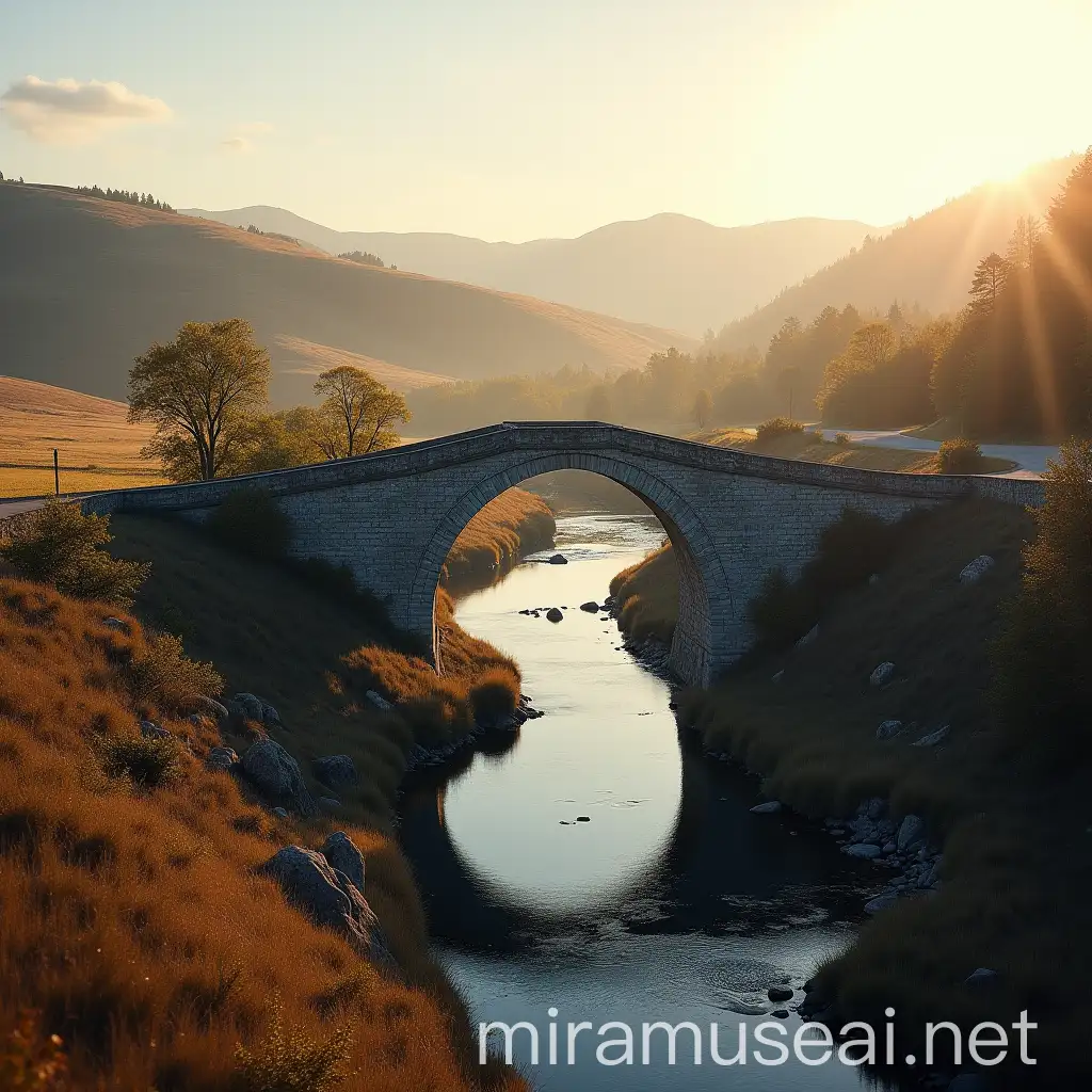 Serene Stone Bridge Over Quiet River in Rural Landscape