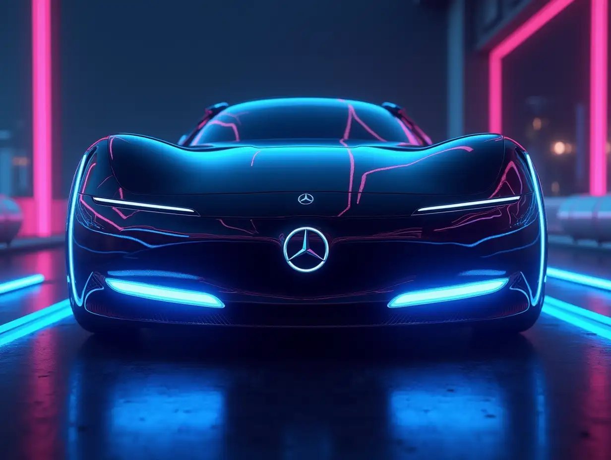 Futuristic sci-fi style digital painting in vivid electric colors. A sleek, low-profile, double-donut shaped hovering vehicle, glossy black with a central Mercedes-Benz logo and bright blue LED