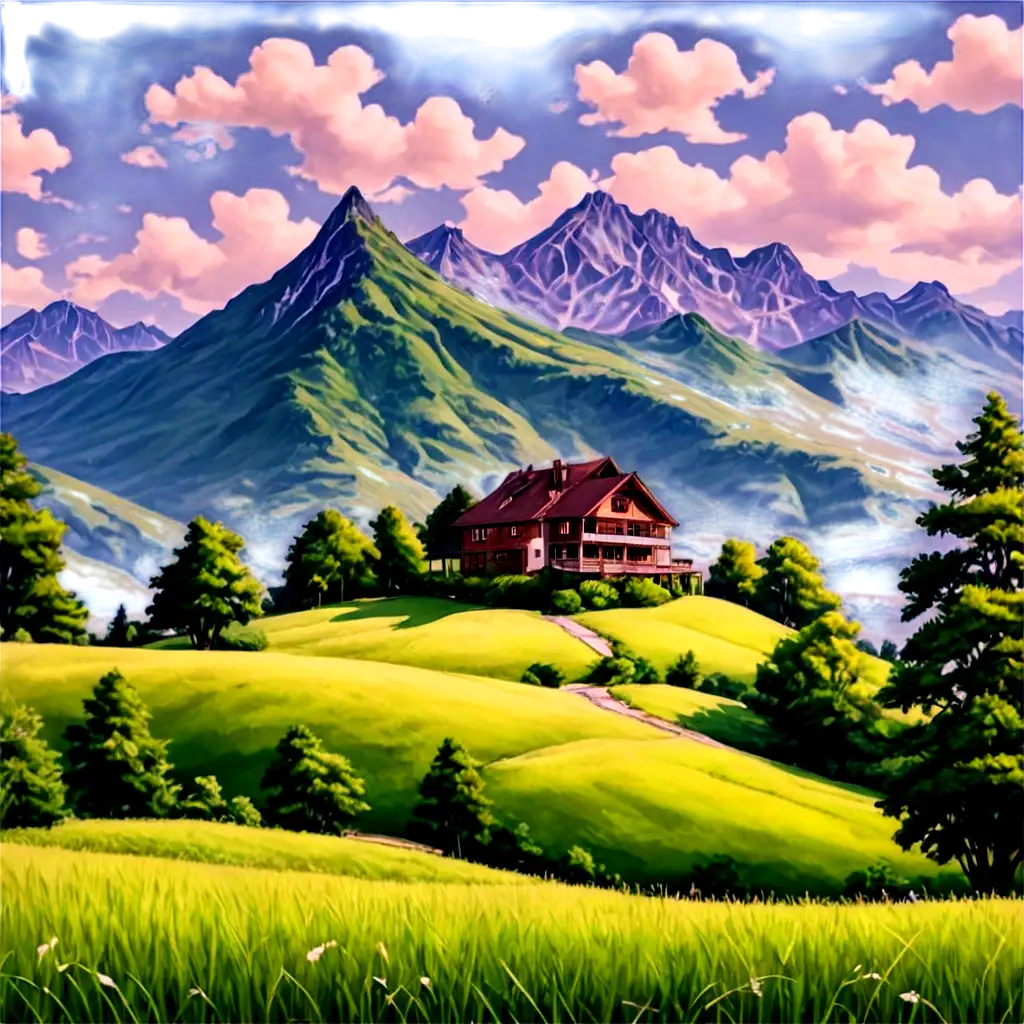 Serene-Rural-Landscape-PNG-A-House-on-a-Hill-Surrounded-by-Natures-Beauty