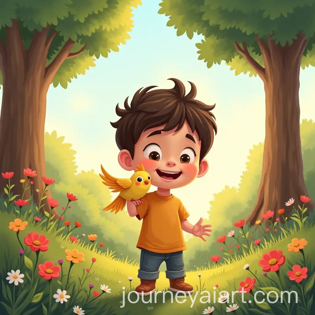 Boy-and-Bird-in-a-Flower-Garden-A-Heartwarming-Friendship