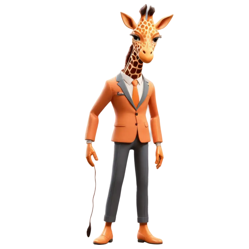 3D giraffe in men's suit in orange tones, in realism style