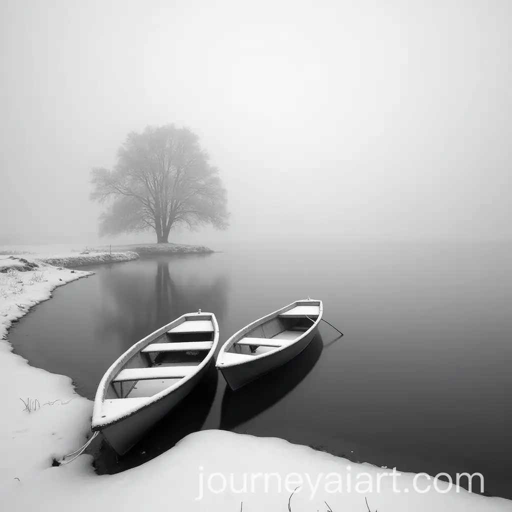 Black-and-White-Long-Exposure-Photograph-of-Boats-and-Tree-in-Fog-at-Lake-Edge