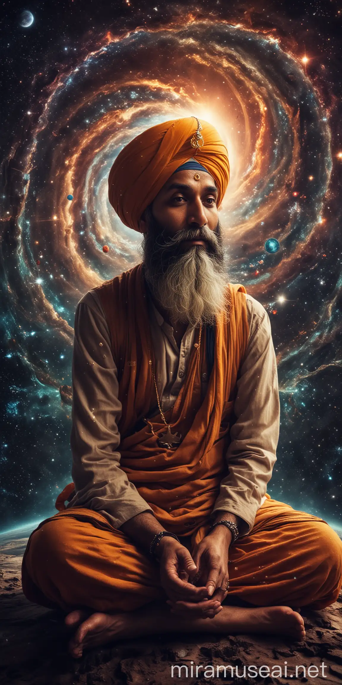 Sikh Man Meditating in Cosmic Universe with Stars and Divine Light