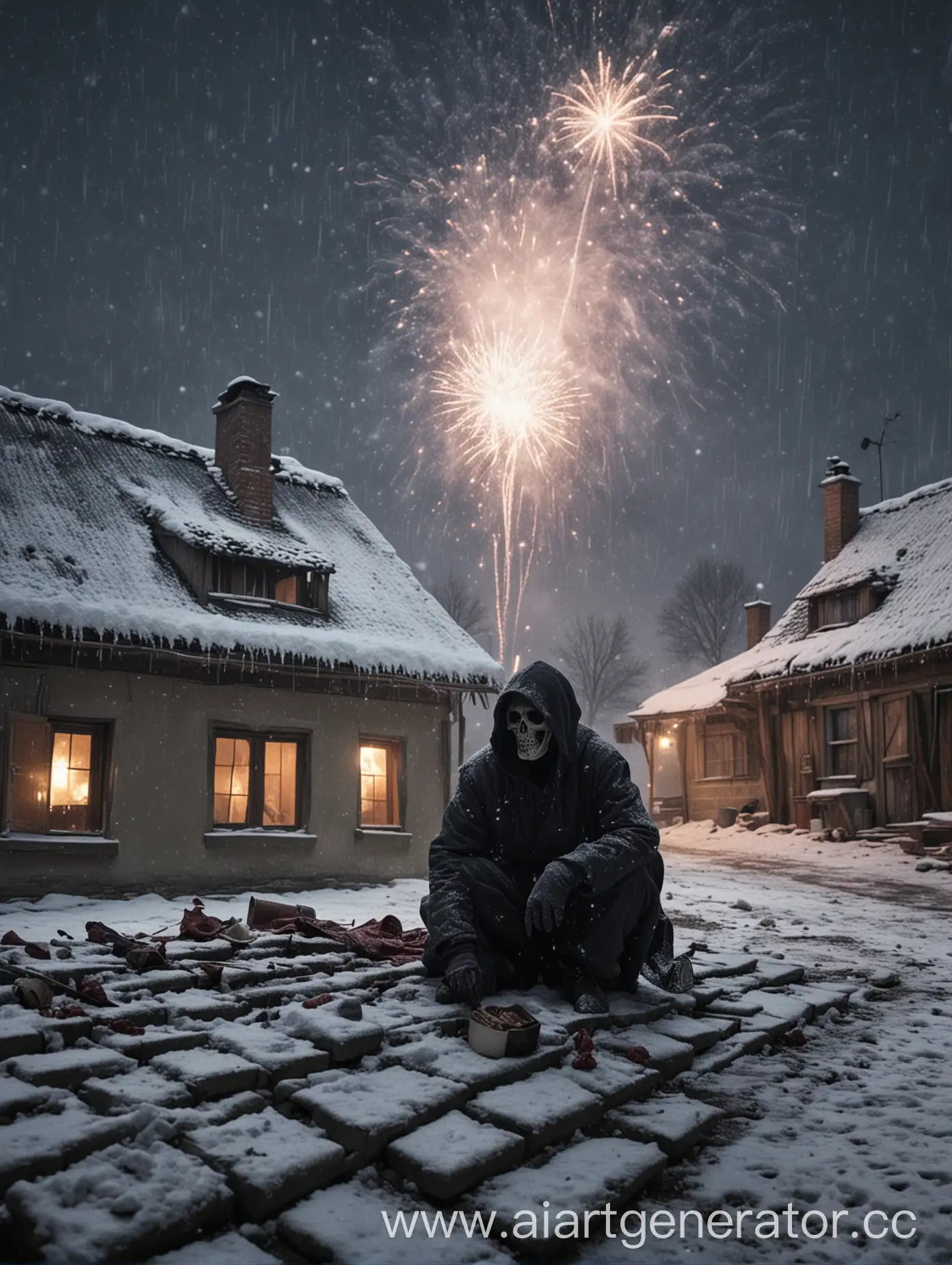 Grim-Reaper-on-Village-House-Roof-Amid-Falling-Snow-and-Fireworks