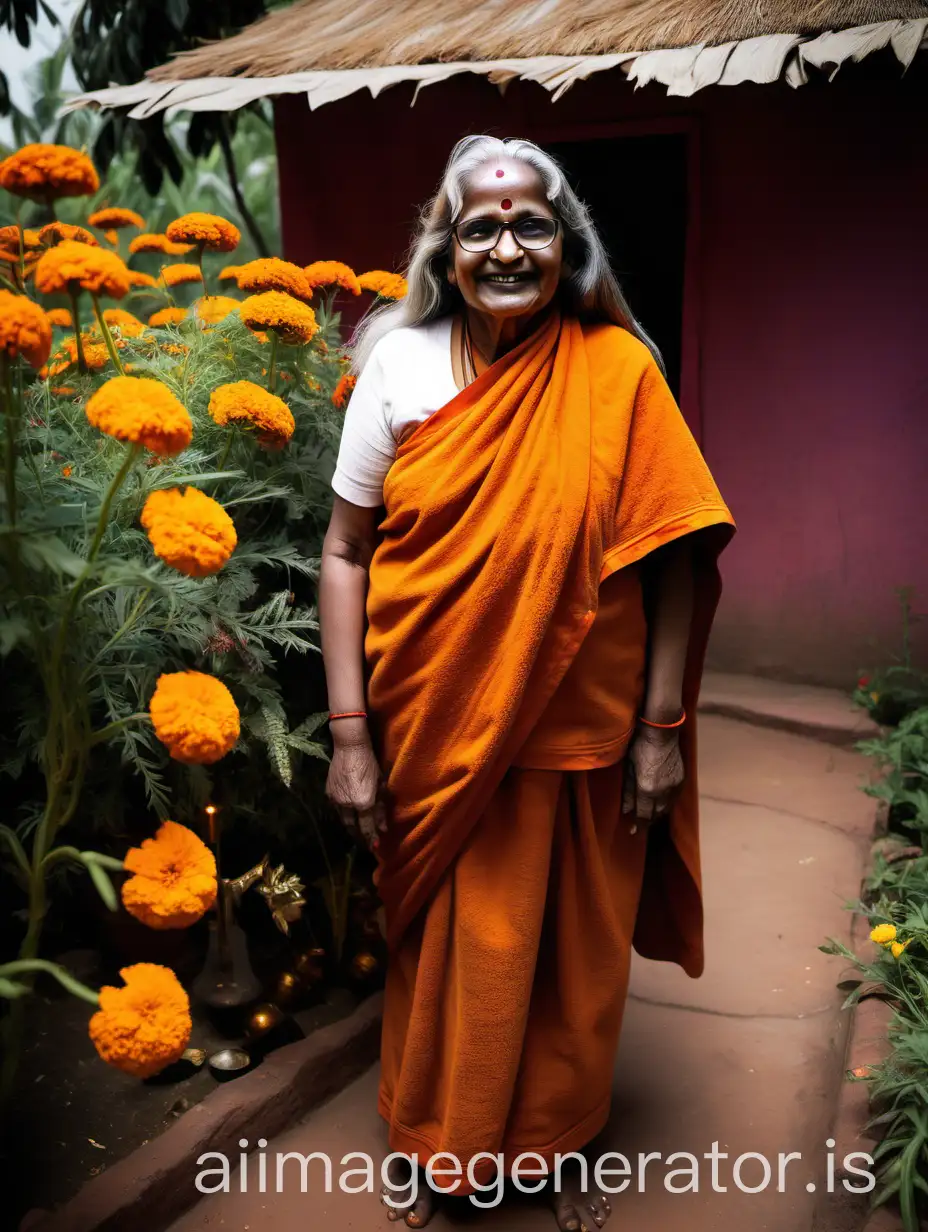 Elderly-Indian-Hindu-Woman-Monk-in-Marigold-Garden-at-Night