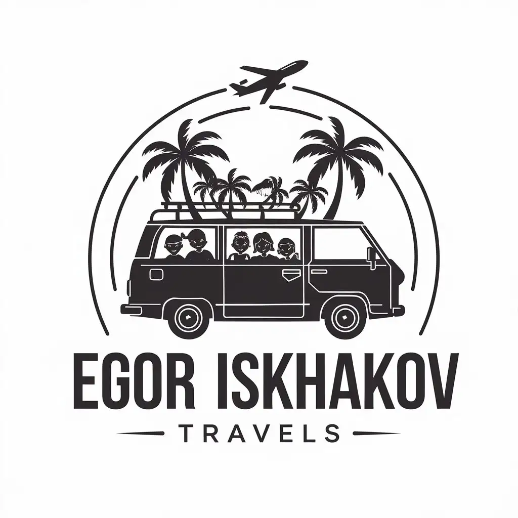 a vector logo design,with the text "Egor Iskhakov", main symbol:minivan, palms, 5 children, airplane, travels,Moderate,be used in Entertainment industry,clear background