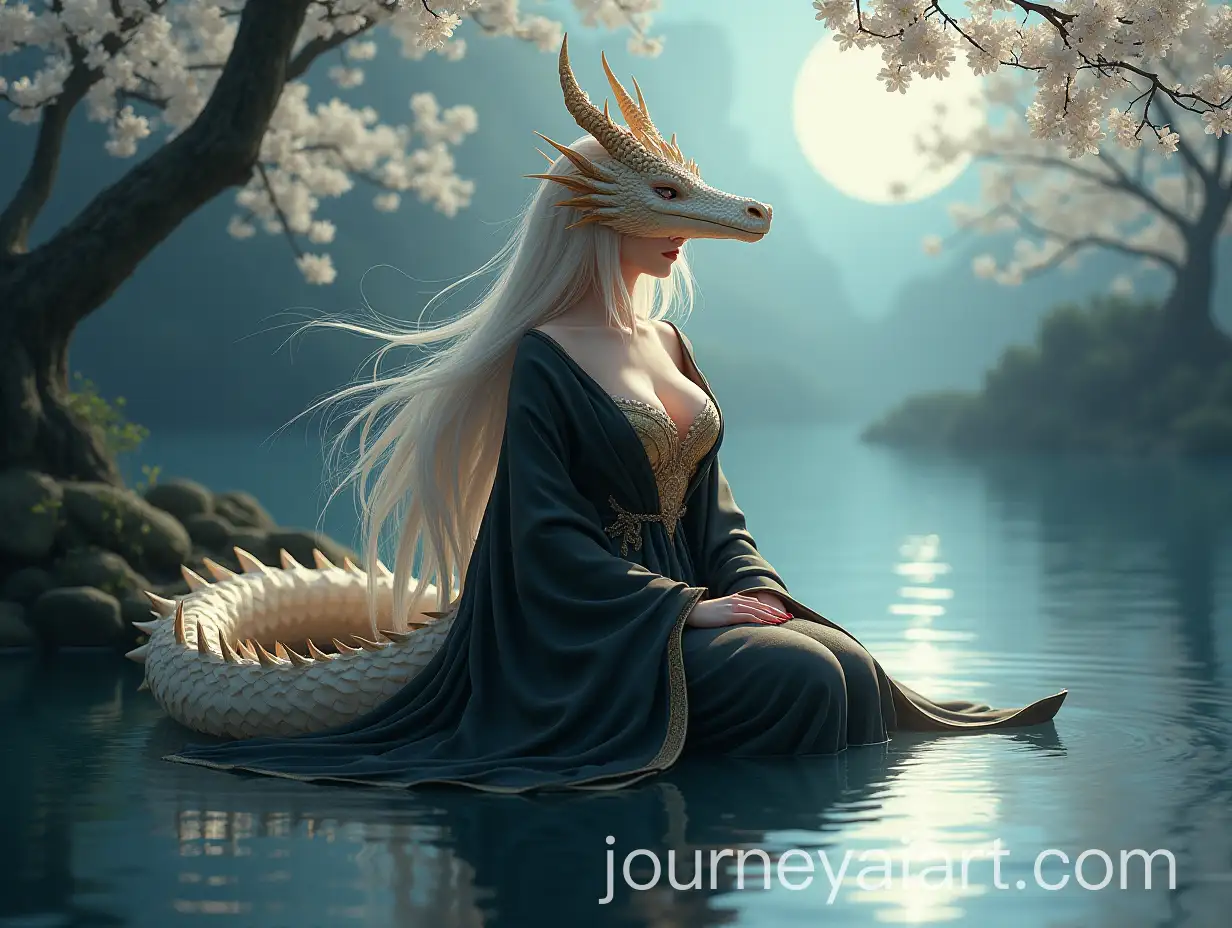 AI-Image-Prompt-ExpansionMajestic-Dragon-Woman-in-Black-and-Gold-Kimono-by-Serene-Water-Stream