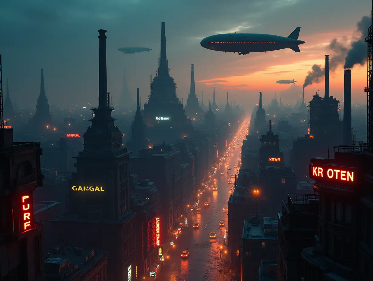 Cyberpunk-Dieselpunk-Cityscape-at-Twilight-with-Neon-Signs-and-Hovering-Airships