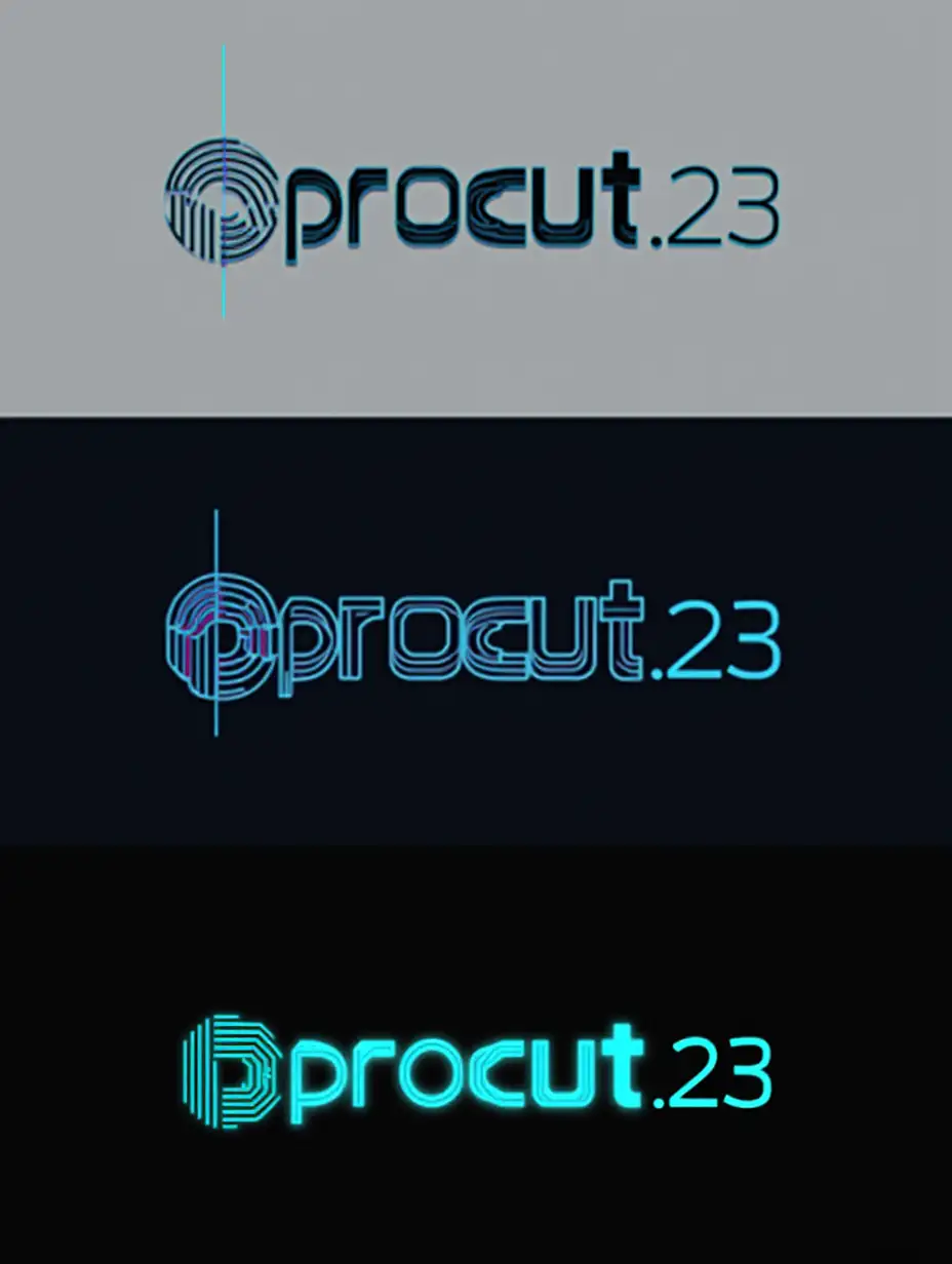 Design a sleek and modern typography logo for the name 'procut_23.' The logo should convey creativity and professionalism, suitable for a video editing and content creation brand. Use a bold, minimalist font with subtle creative elements, such as a play on the letters 'P' and 'C' to symbolize editing tools (e.g., a scissor or cut mark). Incorporate a dynamic underscore and '23' in a futuristic or slightly contrasting font style to emphasize precision and innovation. The color palette should feature a gradient of vibrant tones like electric blue and neon green, or a clean black-and-white aesthetic with subtle shadows or highlights. Ensure the logo is versatile for use on digital platforms.