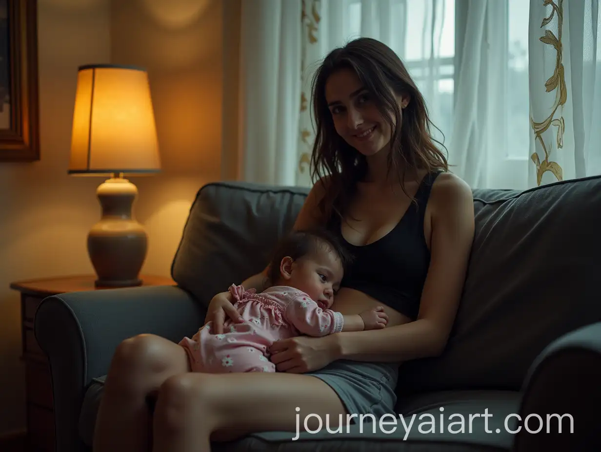 Cozy-Living-Room-with-Young-Woman-and-Baby-in-Soft-Morning-Light