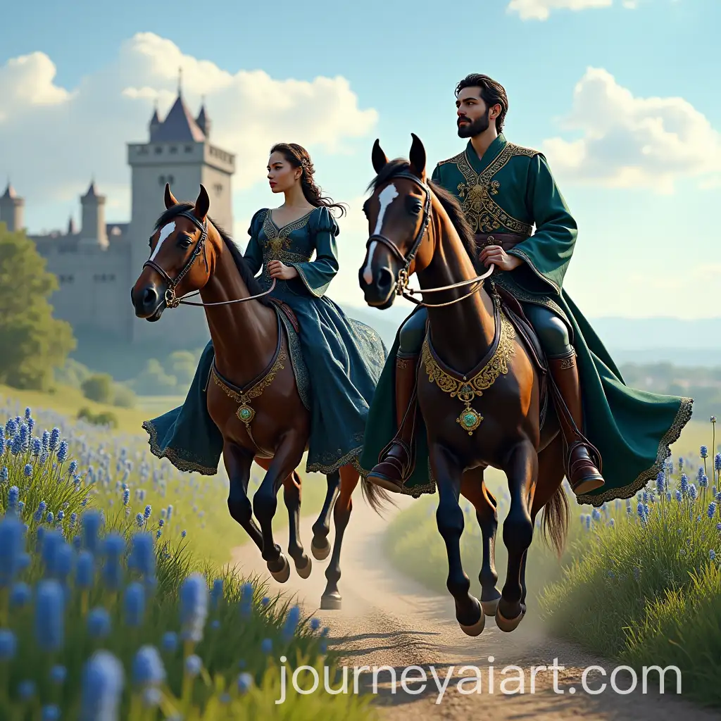 AI-Image-Prompt-ExpansionBelarusian-Woman-and-Mongolian-Man-Riding-Horses-in-a-Flower-Field-Near-a-Medieval-Castle