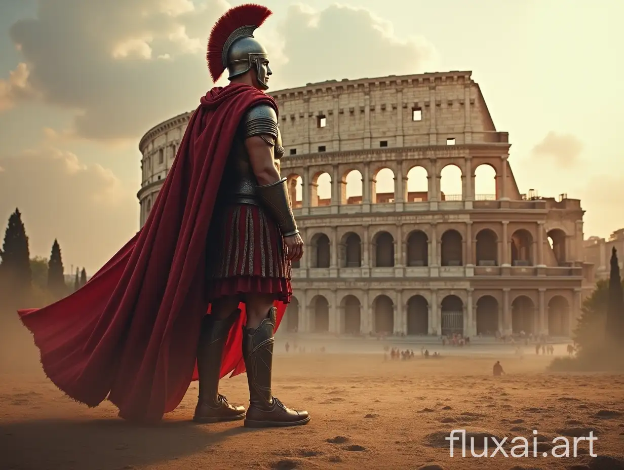 a roman goliath standing infront of colloseum