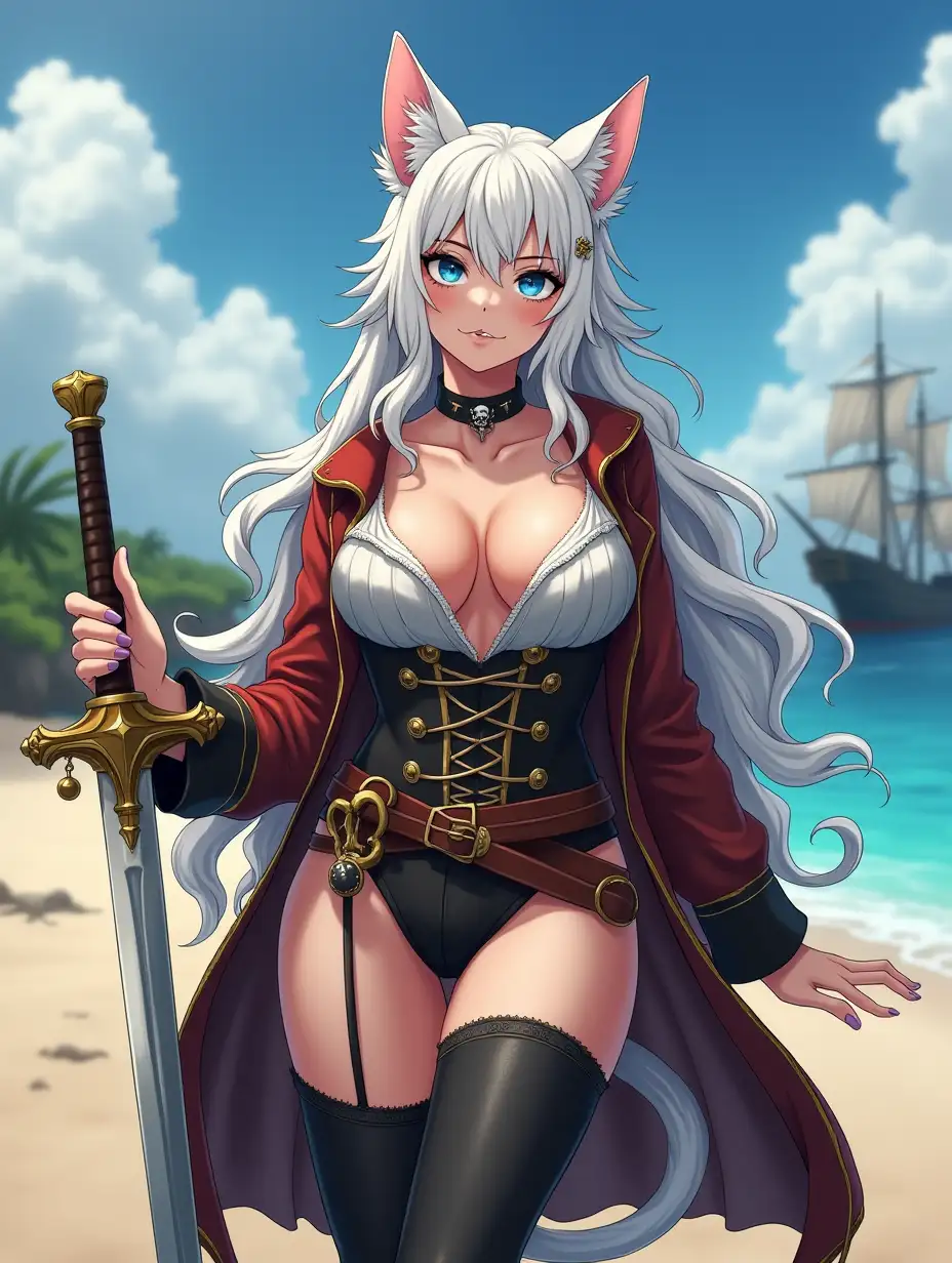 A mature adult feline/woman dressed as a pirate with a sword on a beach.  A pirate ship in the background. Her 30-something years are disguised by her youthful facial features, except for her subtle wrinkles around the eyes, extremely slender body. Her ample bosom strains against her clothing, threatening to burst free from the fabric, extreme cleavage.  Wearing black thigh high pirate boots. She has piercing blue cat eyes. A choker adorns her neck, a subtle hint at her feline nature. Her long, white hair cascades down her back like a wild waterfall, tangled and disheveled. Her cat-like teeth glint in the light, as her white fur-lined ears punctuate her visage with sparkling black and gold earring adorns each ear, adding a touch of elegance to her feline features. Cat whiskers on her face. The attached tail at the base of her spine stirs lazily.  Long fingernails. Full body view. Anime.