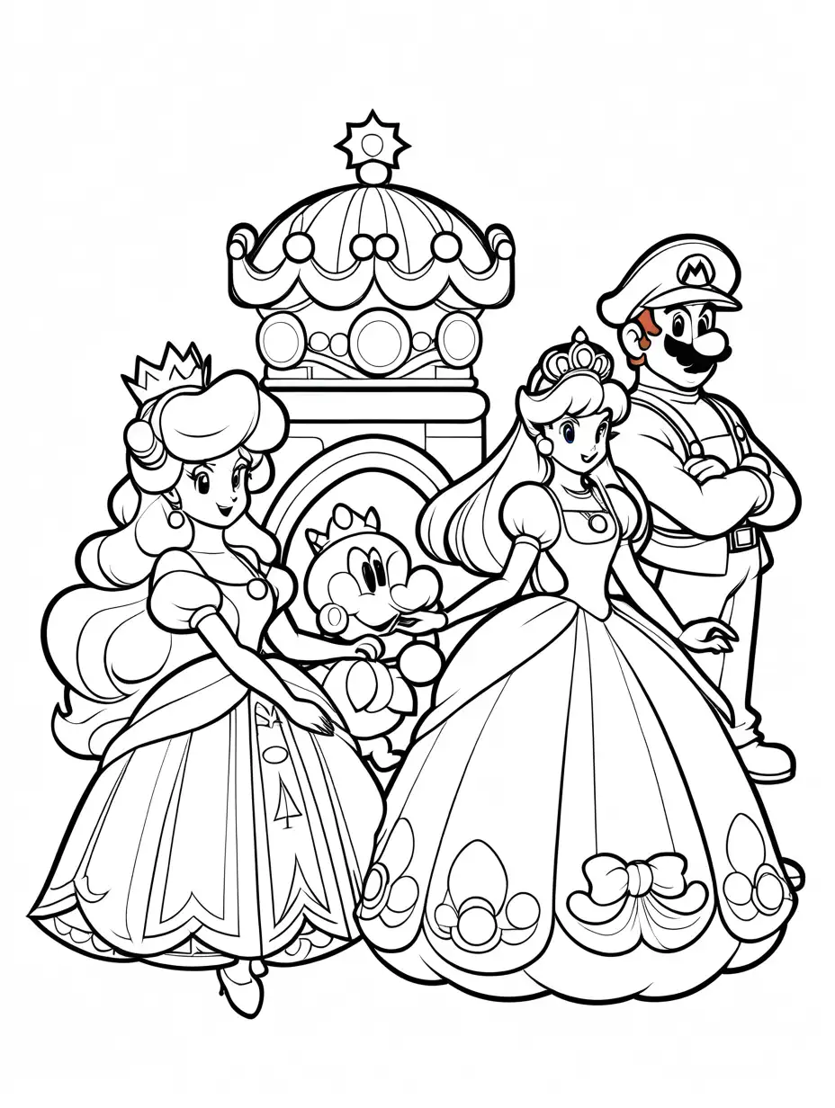 Classic Mario Bros Characters Mario Luigi Princess Peach and Bowser, Coloring Page, black and white, line art, white background, Simplicity, Ample White Space