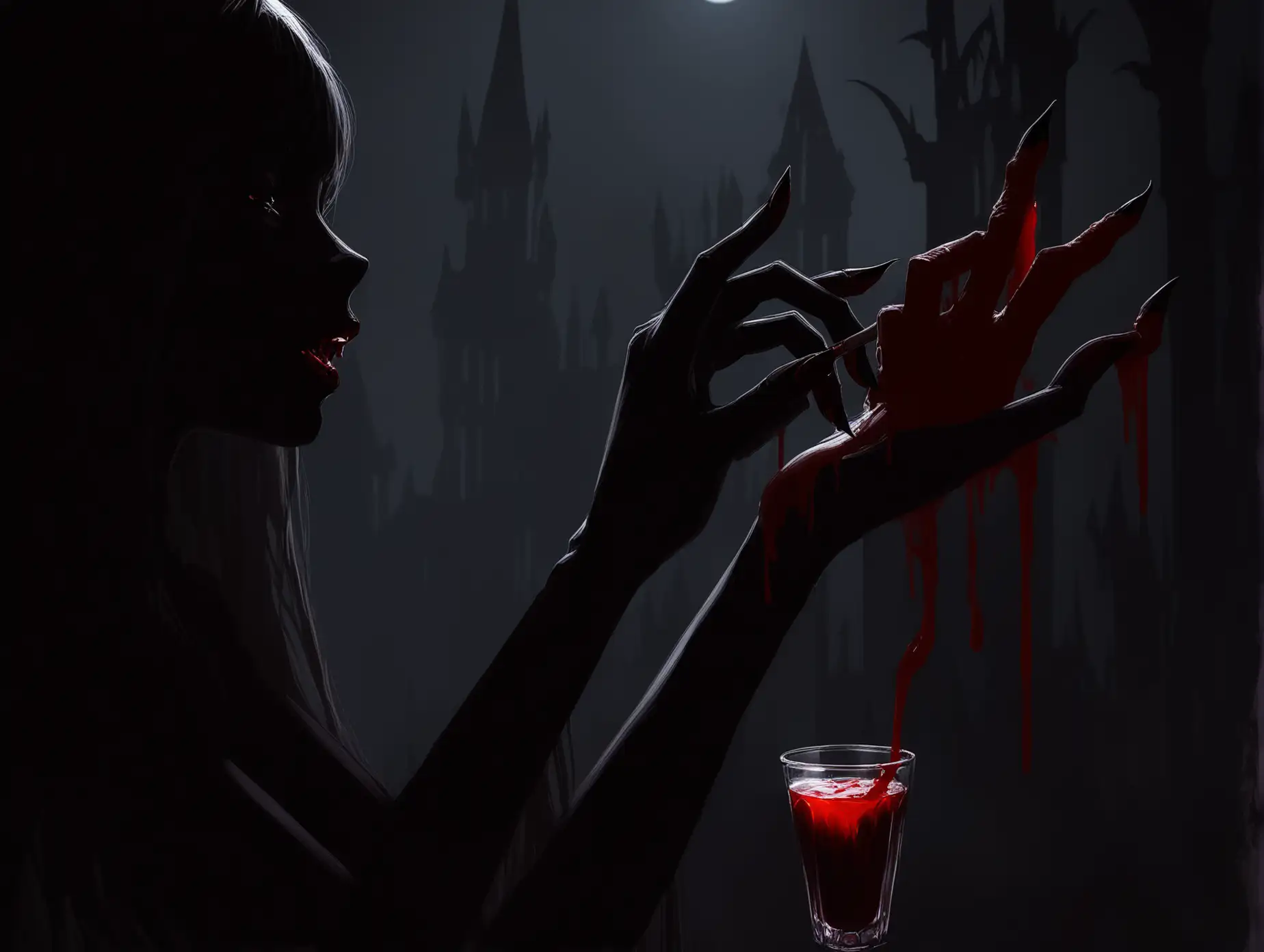 Night, dark female silhouette of a vampire's hand, gives to drink blood from the brush of her hand to a brunette, fantasy