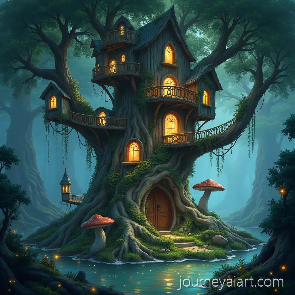 Enchanted-Treehouse-in-ForestMajestic-SilverBarked-Tree-with-Enchanted-Treehouse-in-a-Mystical-Forest