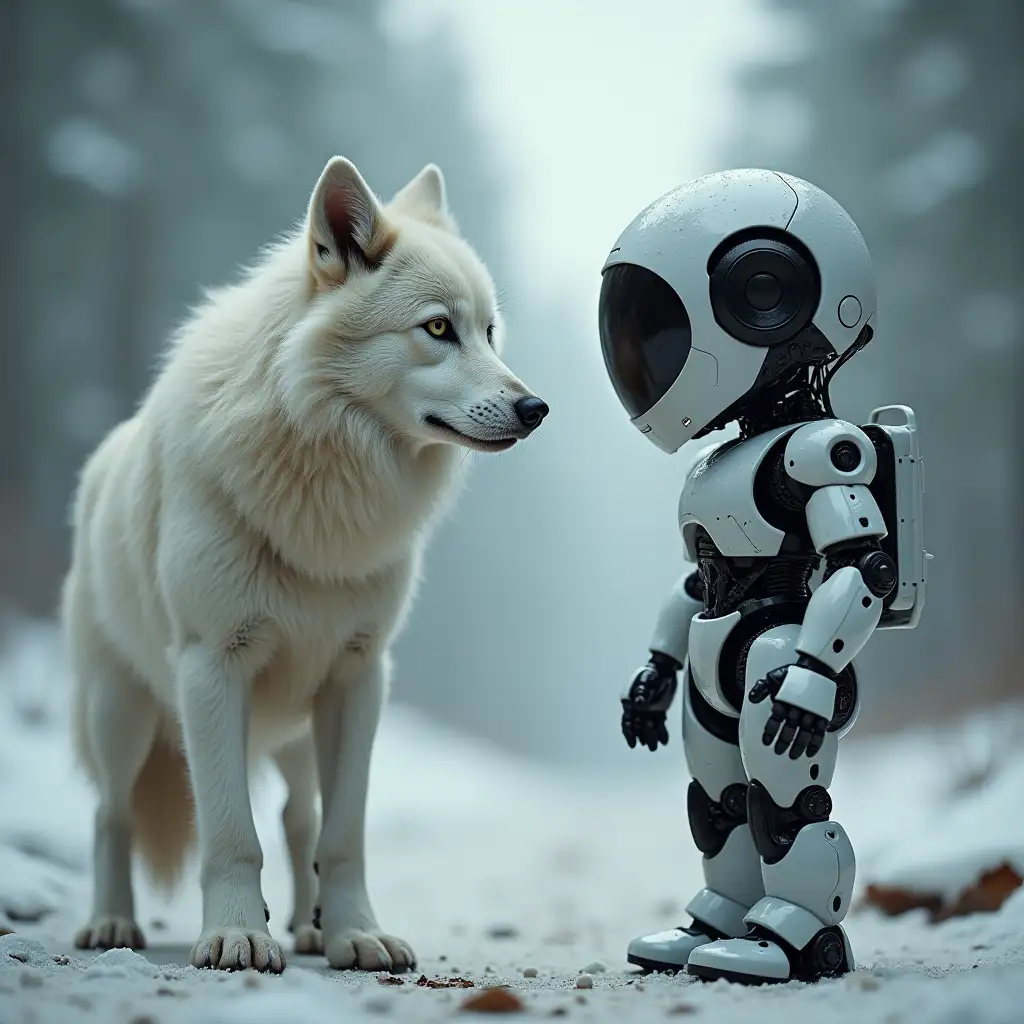 A white wolf against a robot.