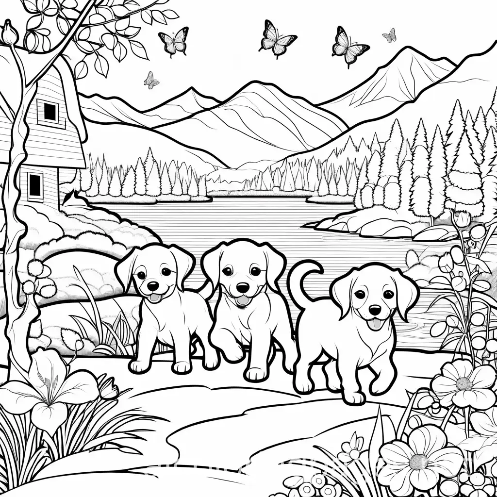 Playful-Puppy-Dogs-Chasing-Butterflies-in-Rose-Garden-Coloring-Page