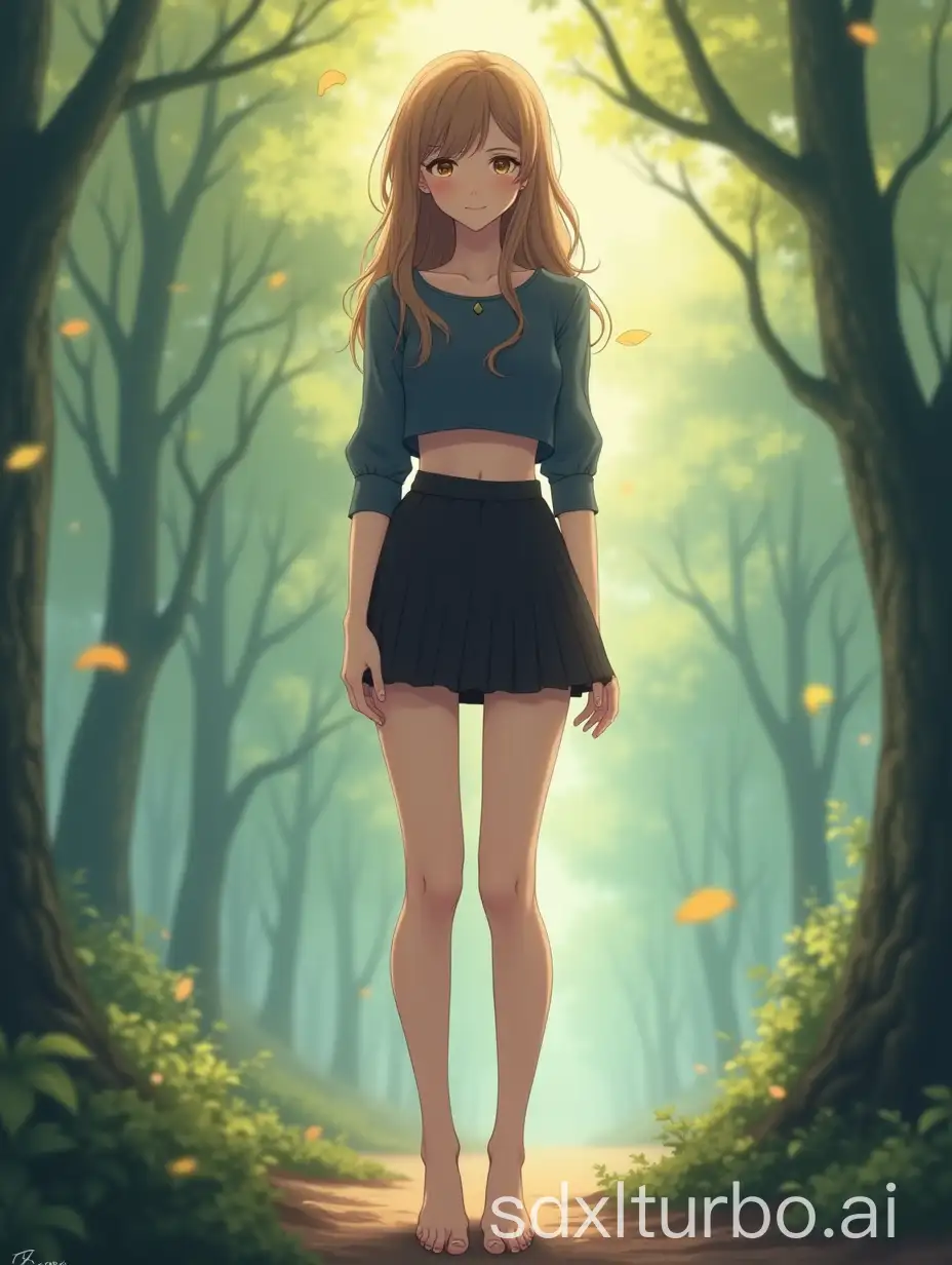 Tall full standing exquisite skinny fashion young lady, light-brown hair, crop dark-blue blouse, mini black skirt, barefoot, misty forest, leaves is falling, vivid, vibrant, bright pastel colors, Manglobe studio stylized anime. High detailed, UHD, highly stylized, depth of field, bokeh effect, backlit, stylish, elegant, breathtaking, visually rich