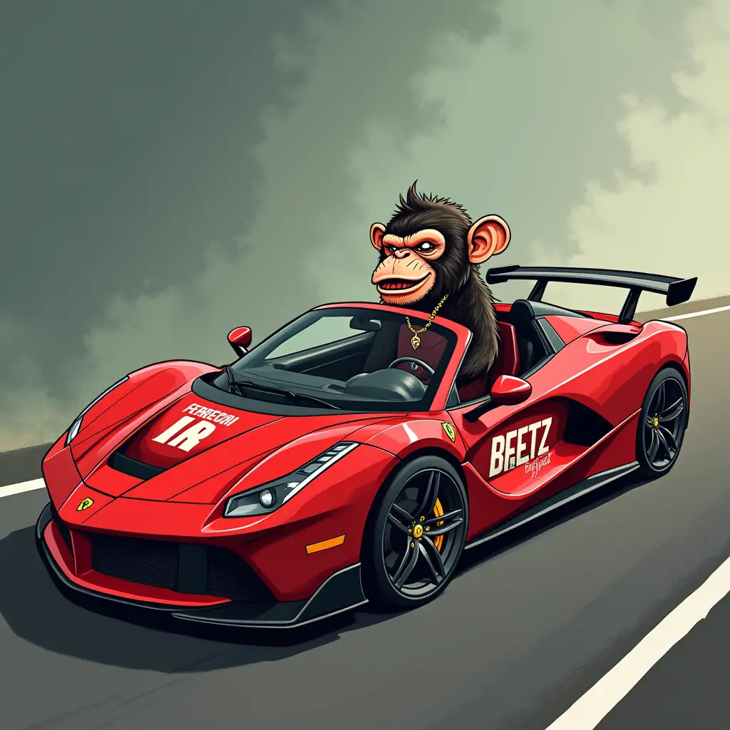 Gangsta Monkey driving convertible Ferrari - Paint job on Ferrari says BEETZbyRIZZA logo on sides