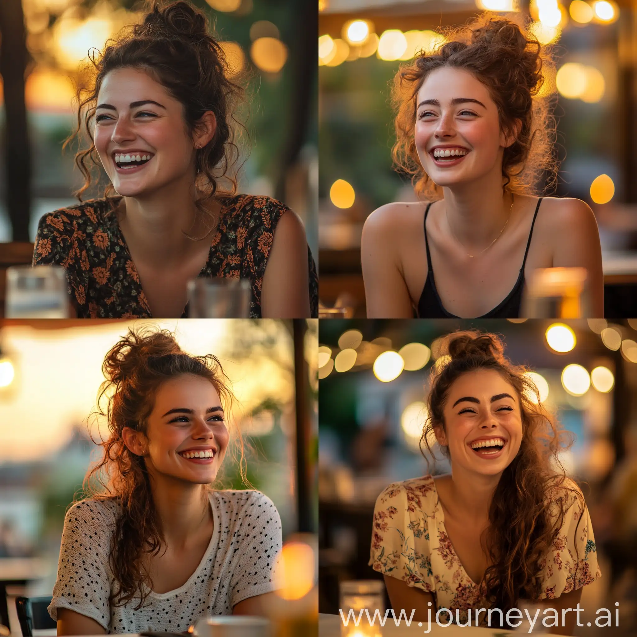 Joyful-Woman-with-Curly-Brown-Hair-Laughing-at-Sunset-Restaurant-Table