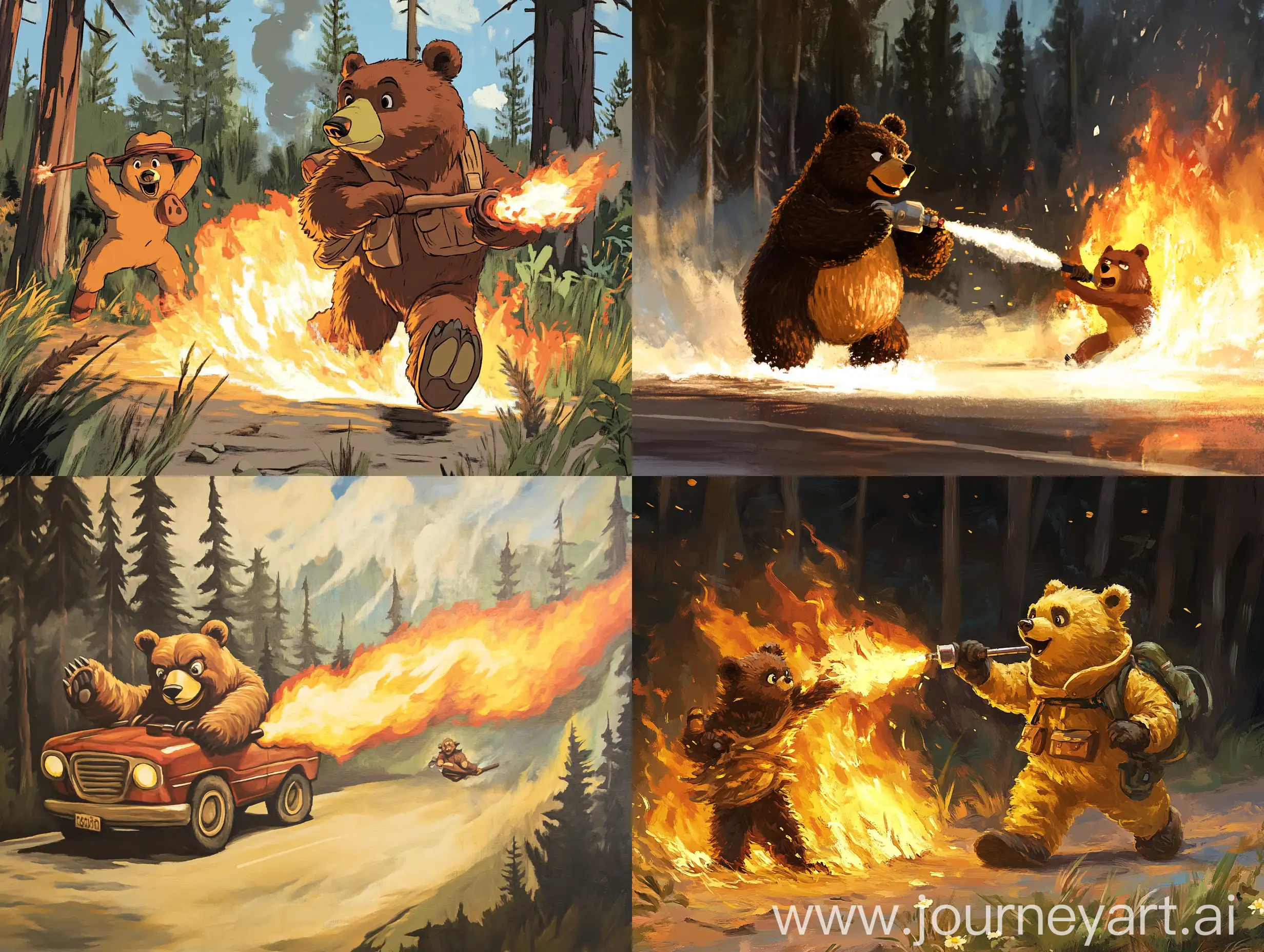 Smokey-the-Bear-Putting-Out-Pine-Cone-Fire-with-Yogi-Bear