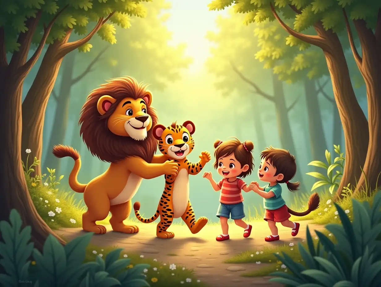 A little lion, a little tiger, and a little leopard were walking together in the forest. They met a group of children, and then they started dancing in a friendly manner. The atmosphere was very joyful.