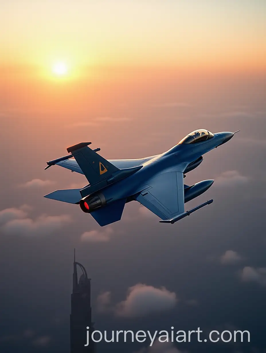 Sleek-Blue-F16-Fighter-Jet-Over-Dubai-at-Sunset-with-Burj-Khalifa-and-Palm-Jumeirah