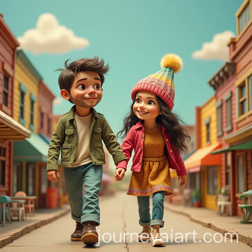 DayAI-Image-Prompt-Expansiondreamers-Movie-Poster-Featuring-a-Scarred-Young-Man-and-a-Colorful-Woman-Walking-Through-a-Miniature-Town