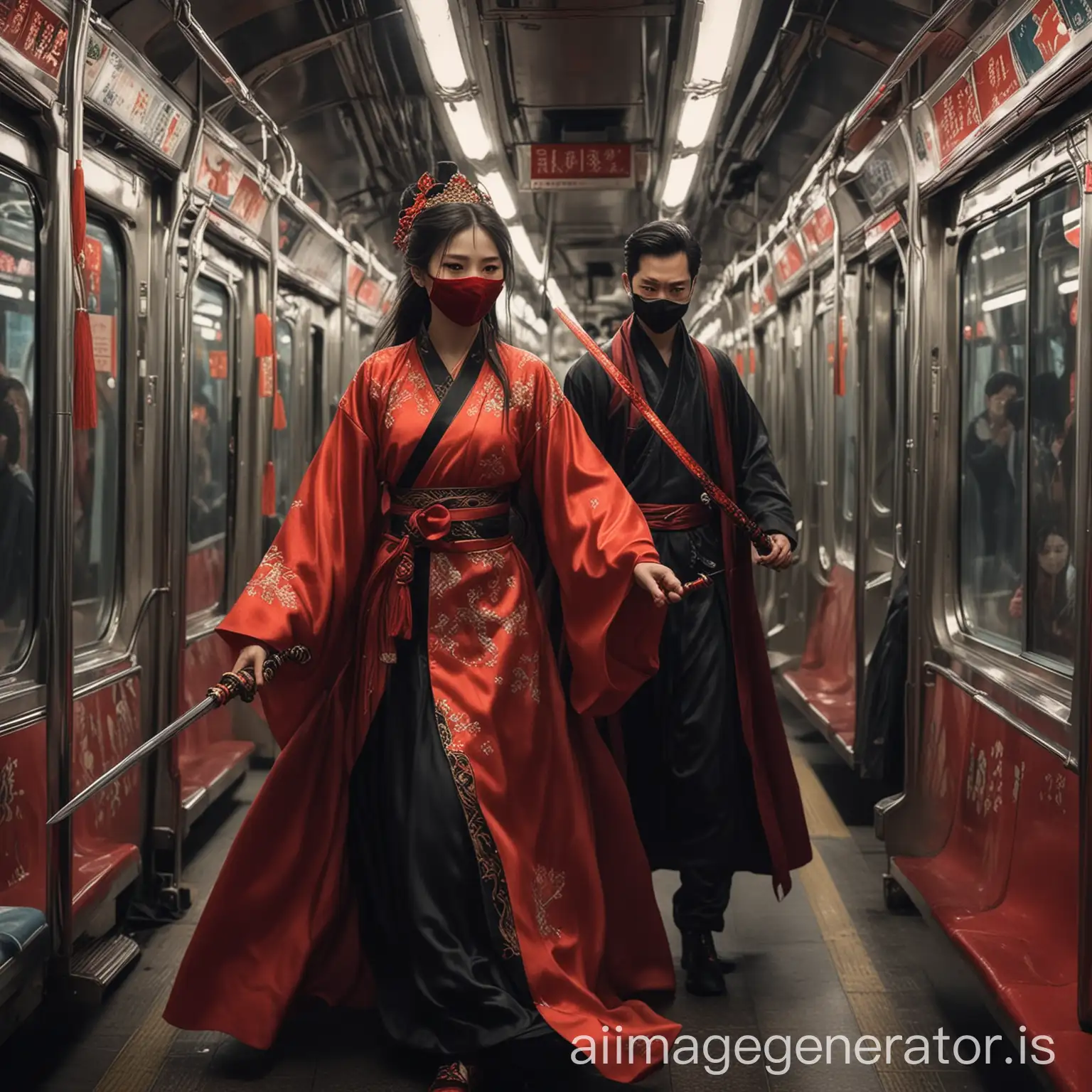 In the subway car, a princess in a red Chinese traditional costume is looking anxiously as a mysterious man in a black cloak with a mask and holding a shining sword is chasing her. Please generate this poster with both the princess and the mysterious man in the subway car.