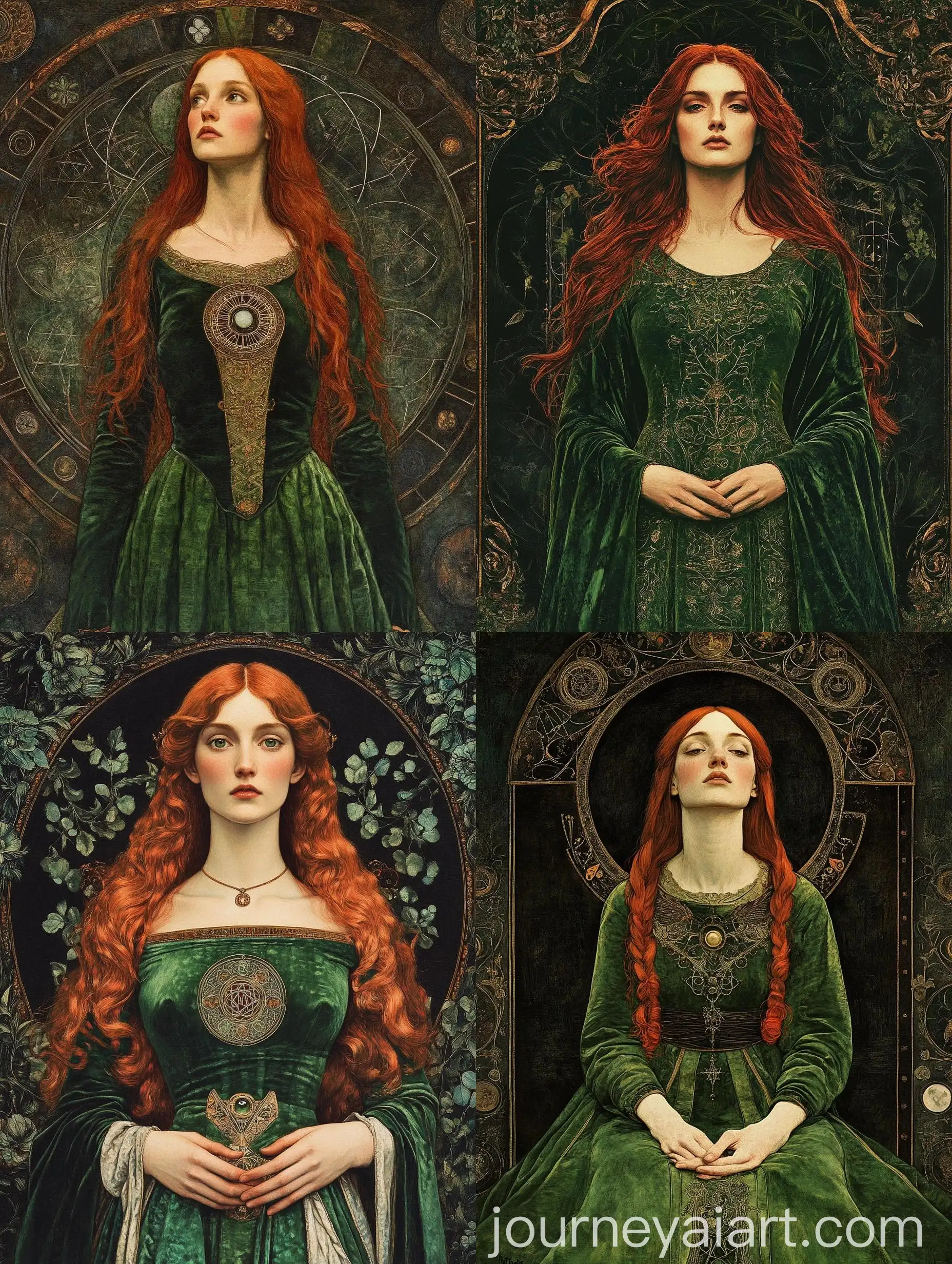 Symmetric-PreRaphaelite-Painting-of-a-Beautiful-Mystic-Woman-in-Detailed-Green-Velvet-Dress-Surrounded-by-Floral-Frame