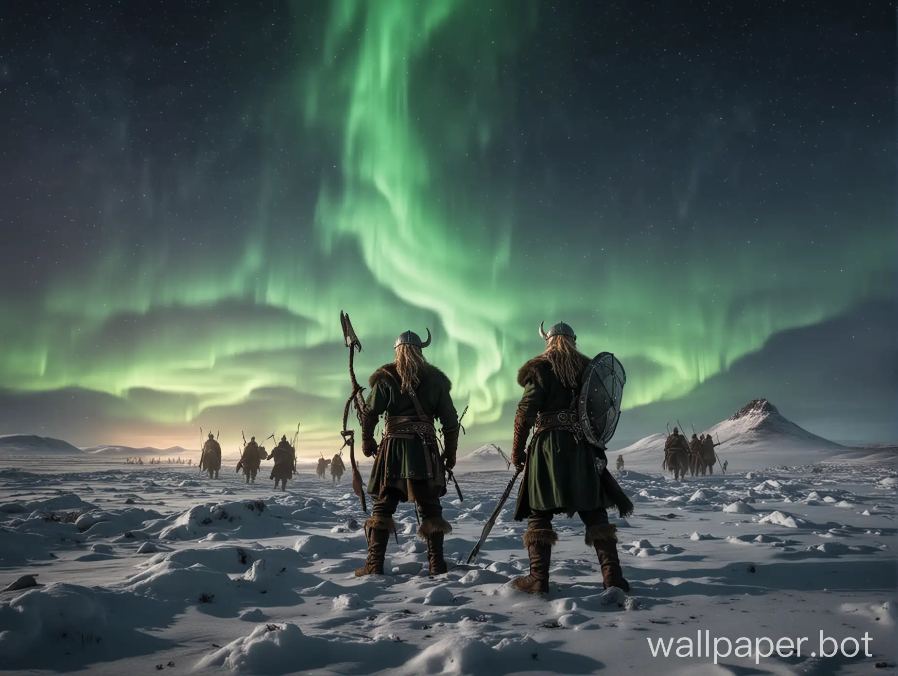 Viking battle on a barren winter waste land with beautiful northern lights in the night sky