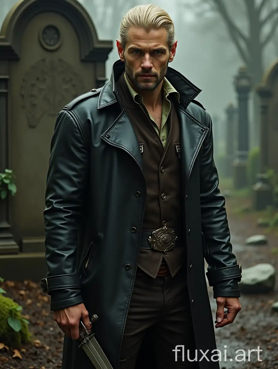 Blond middle-aged elf with stubble, clothed in leather trenchcoat, holding dagger in hand, near tombstone