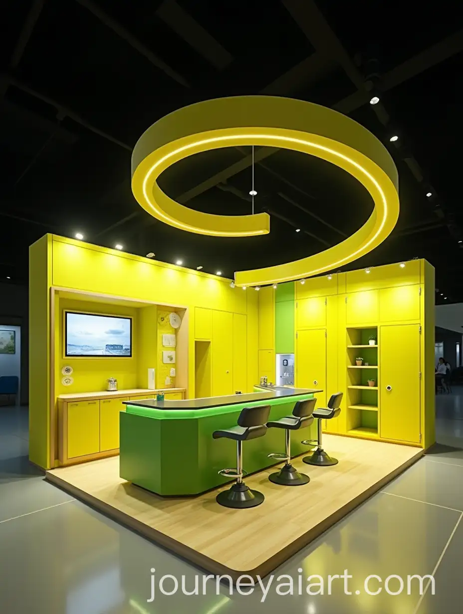 AI-Image-Prompt-ExpansionFuturistic-60-sqm-Booth-Design-with-Circular-Overhead-Information-Counter-and-Cabinets