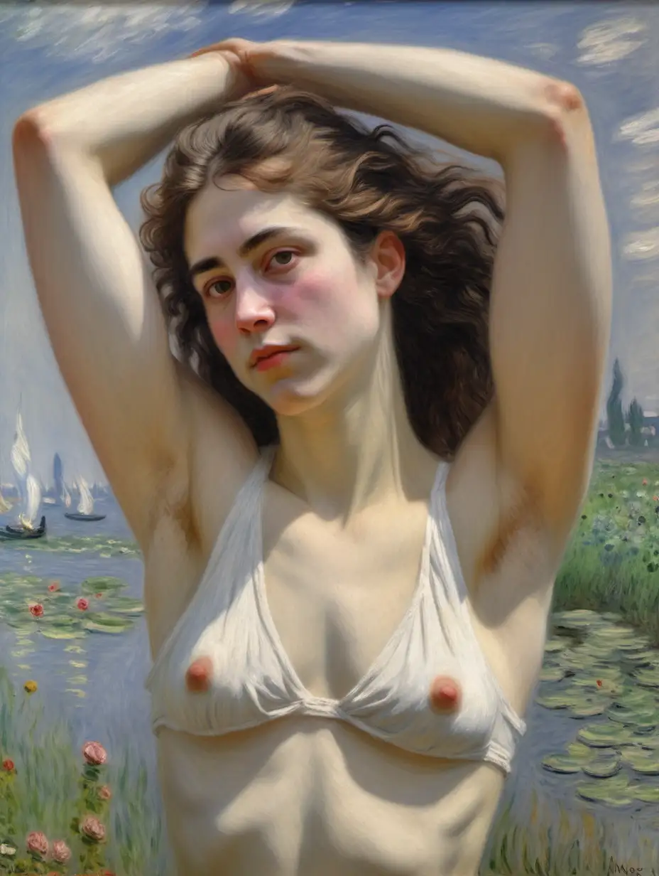 woman, armpit hair, painting, Claude Monet, without makeup, naturalness, hairiness, masculinity