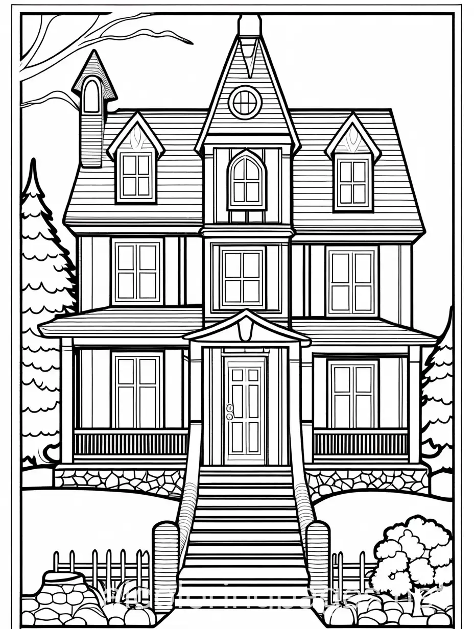 A spooky but not too scary haunted house with big, bold windows and doors. A simple, curvy path leads to the front door. water river in bottom. Coloring Page, black and white, line art, white background, Simplicity, Ample White Space. The background of the coloring page is plain white to make it easy for young children to color within the lines. The outlines of all the subjects are easy to distinguish, making it simple for kids to color without too much difficulty , Coloring Page, black and white, line art, white background, Simplicity, Ample White Space. The background of the coloring page is plain white to make it easy for young children to color within the lines. The outlines of all the subjects are easy to distinguish, making it simple for kids to color without too much difficulty