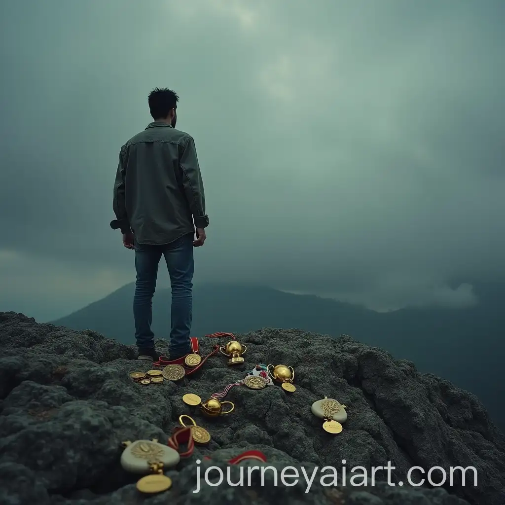 Lonely-Man-on-Rocky-Mountain-with-Broken-Dreams-Trophies