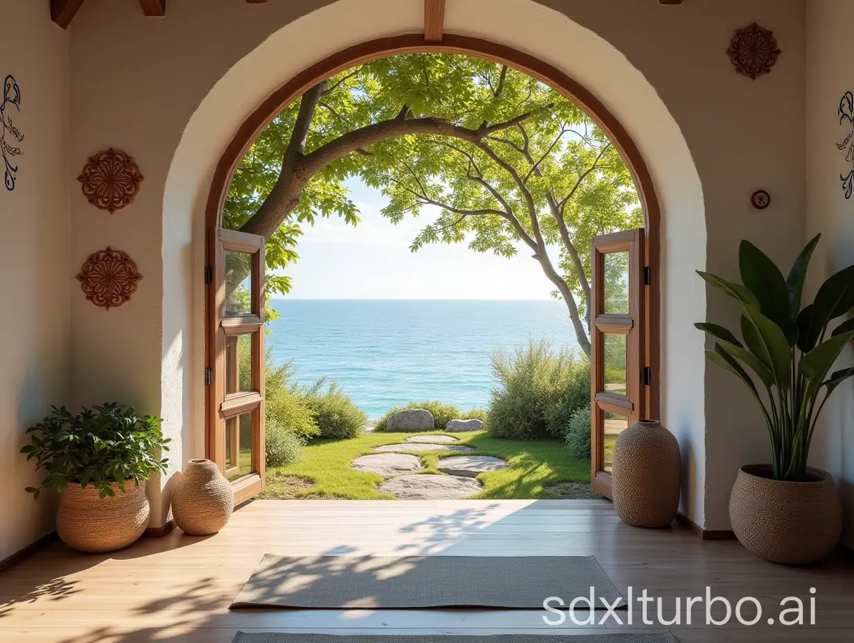 Tranquil-Yoga-Studio-by-the-Sea-with-Mandala-Decor-and-Glowing-Tree