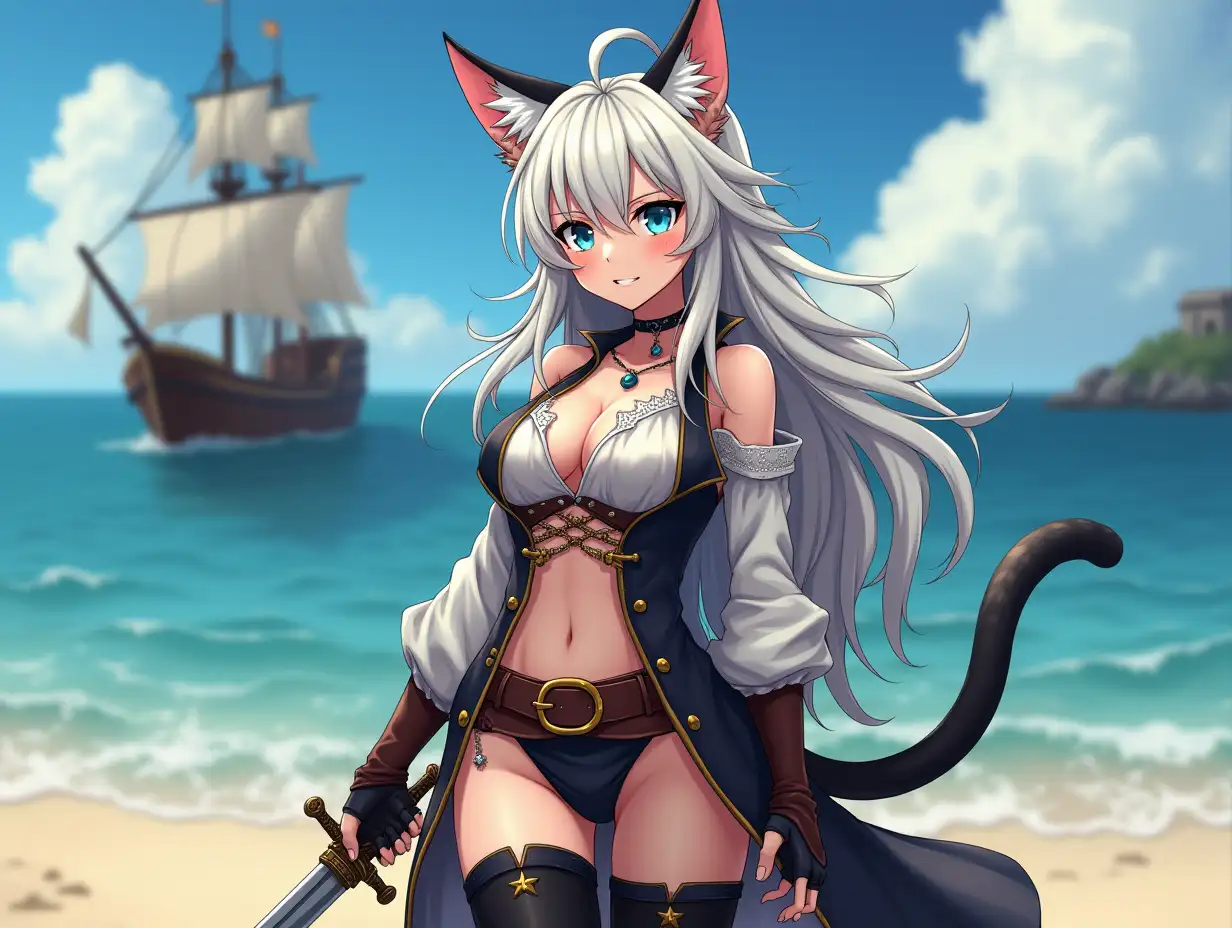 A mature adult feline/woman dressed as a pirate with a sword on a beach.  A pirate ship in the background. Her 30-something years are disguised by her youthful facial features, except for her subtle wrinkles around the eyes, extremely slender body. Her ample bosom strains against her clothing, threatening to burst free from the fabric, extreme cleavage.  Wearing black thigh high pirate boots. She has piercing blue cat eyes. A choker adorns her neck, a subtle hint at her feline nature. Her long, white hair cascades down her back like a wild waterfall, tangled and disheveled. Her cat-like teeth glint in the light, as her white fur-lined ears punctuate her visage with sparkling black and gold earring adorns each ear, adding a touch of elegance to her feline features. Cat whiskers on her face. The attached tail at the base of her spine stirs lazily.  Long fingernails. Full body view. Anime.