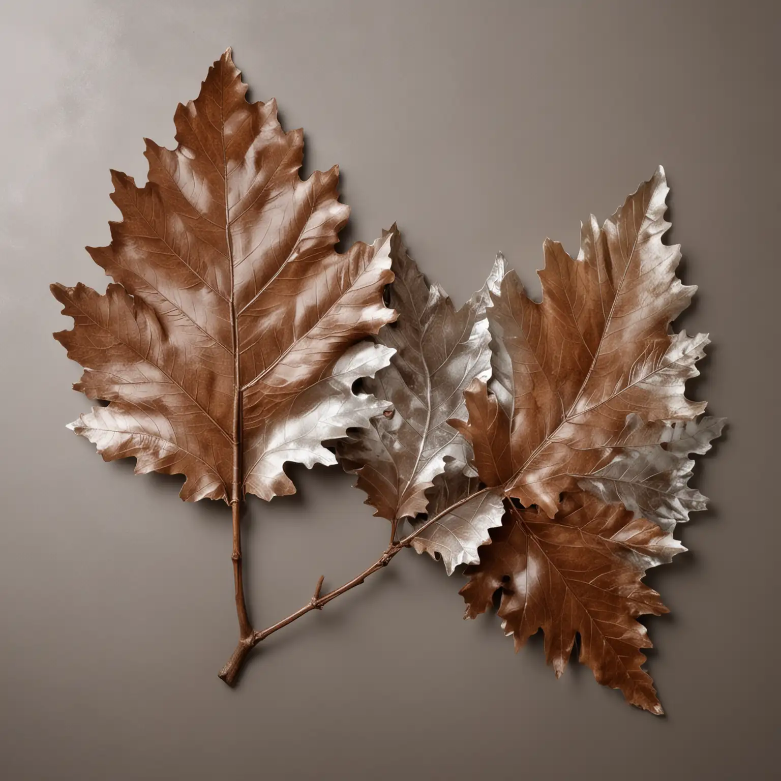 Three Large Oak Leaves on a Branch Against a Warm Chocolate and Bright Silver Background