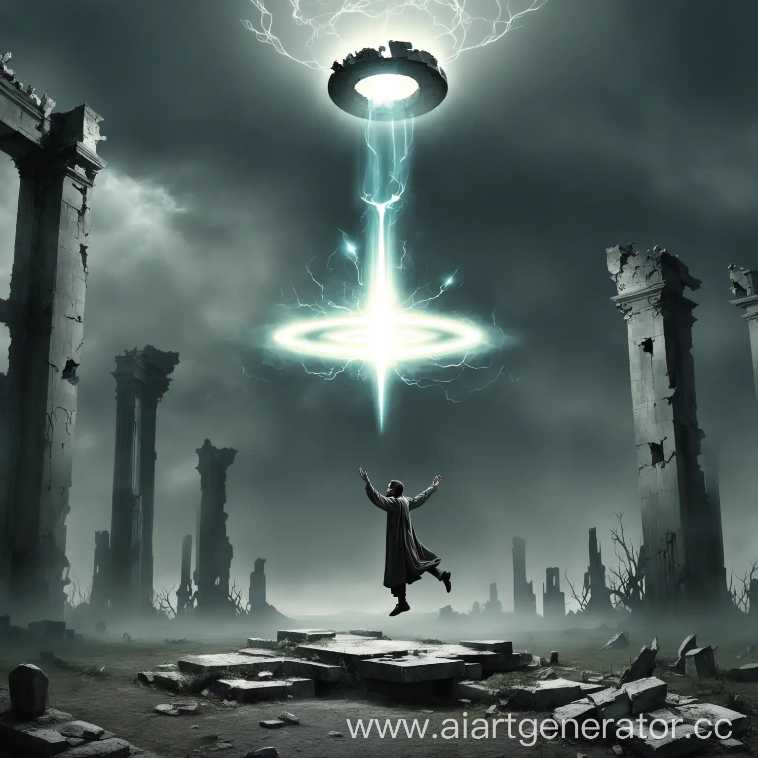 Levitating-Man-Emitting-Light-with-Ruins-Background