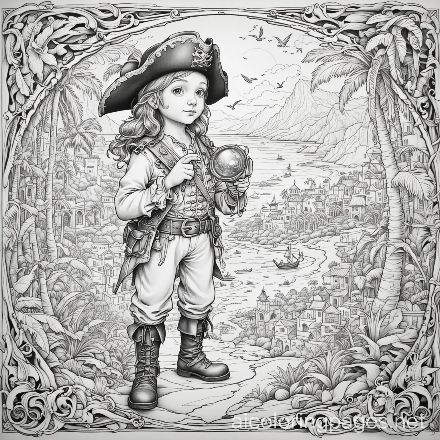 Childrens-Coloring-Page-Child-Pirate-with-Treasure-Map-and-Pirate-Elements