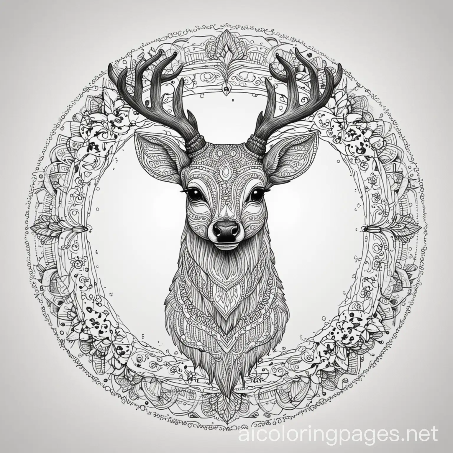 a deer with mandala pattern inside of it, bold and easy, Coloring Page, black and white, line art, white background, Simplicity, Ample White Space. The background of the coloring page is plain white to make it easy for young children to color within the lines. The outlines of all the subjects are easy to distinguish, making it simple for kids to color without too much difficulty