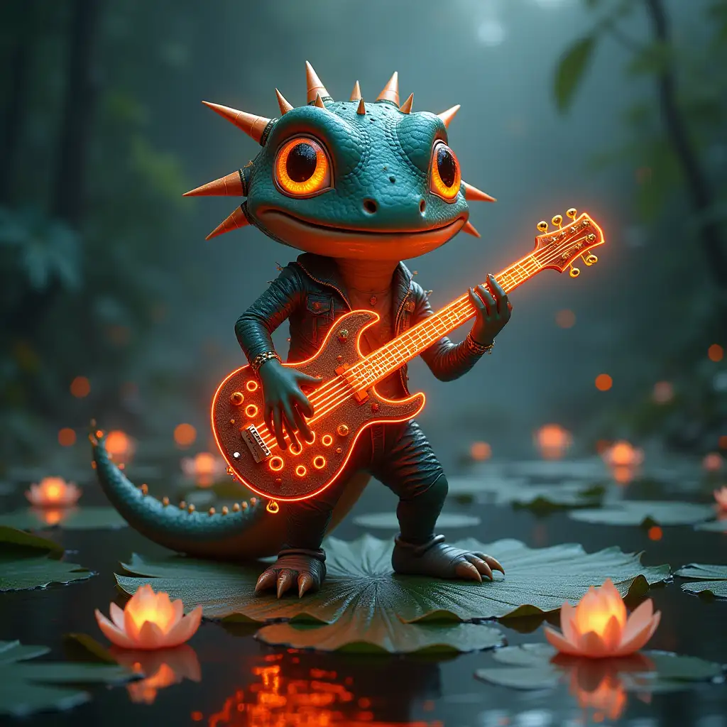 ultradetailed hyperrealistic portrait of a Drachemit with an electro guitar that is very beautiful and comes from the fire, and the area around him is a disco with glowing balls on a large lily pad in a pond