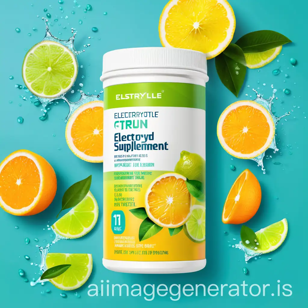 Create a professional, high-quality product image of a health supplement powder labeled 'Electrolyte Supplement' focused on hydration and recovery. The packaging is sleek and modern, with accents in green and yellow. The label displays the flavor 'Citrus Burst'. Arrange fresh citrus fruits like lemon, lime, and orange slices around the package to highlight the refreshing citrus flavor. Use bright lighting and a white background, with a slight gloss effect to evoke a sense of hydration and energy.