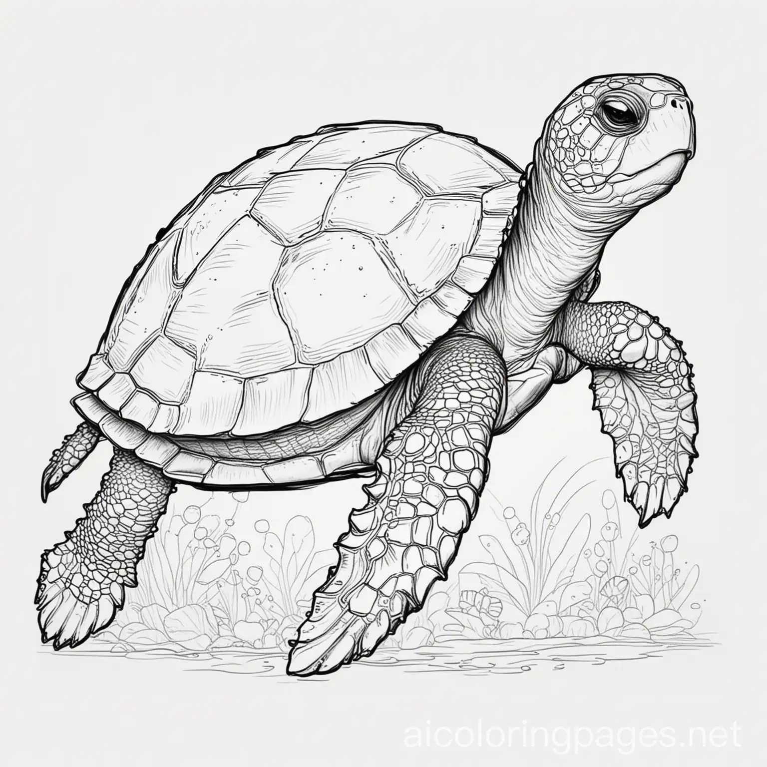 Large turtle with a baby, Coloring Page, black and white, line art, white background, Simplicity, Ample White Space. The background of the coloring page is plain white to make it easy for young children to color within the lines. The outlines of all the subjects are easy to distinguish, making it simple for kids to color without too much difficulty